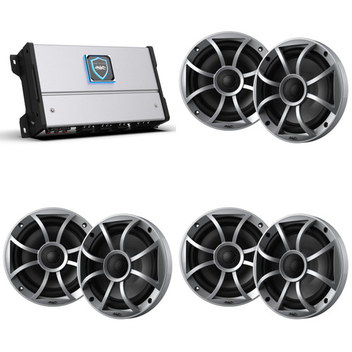 Wet Sounds HTM-6 - HTM Series Amplifier 900 Watt Full-Range Class-D 85x6 Watts RMS @4 OHM With 3 pairs Wet Sounds RECON 6-S Recon Series 6.5" 60-Watt RMS Coaxial Speakers With Silver XS Grille And Cone (Pair)