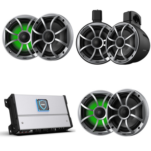 Wet Sounds HTM-6 Full-Range Class-D 85x6 W RMS @4 OHM Amp, Two pairs RECON 6-S RGB LED 6.5" 60-W RMS Coaxial Speakers With Silver XS Grilles & one Pair RECON 6 POD-B - 6.5" Coaxial Tower Speakers, Black Enclosures with Silver XS Grilles