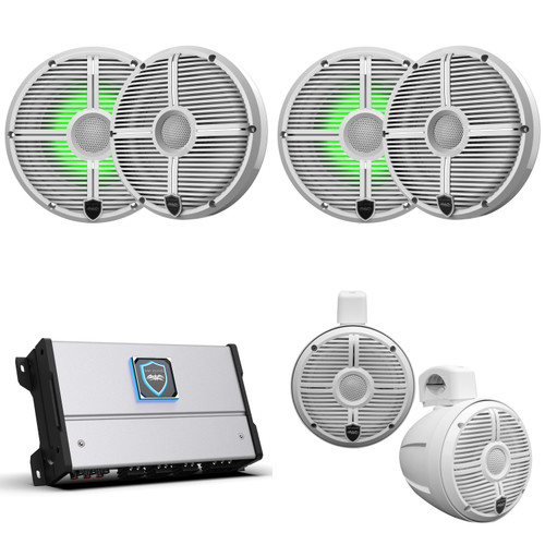 Wet Sounds HTM-6 Full-Range Class-D 85x6 W RMS @4 OHM Amp, Two pairs RECON 6 XW-W RGB LED 6.5" 60-W RMS Coaxial Speakers With White XW Grilles & one Pair RECON 6 POD-W - 6.5" Coaxial Tower Speakers, White Enclosures with White XW Grilles