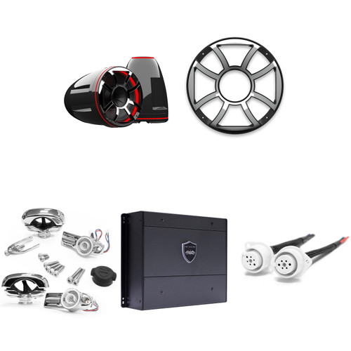 Wet Sounds Package - REV 12-HD-B-XS-SC 12" Black "XS" Grill Swivel Clamp Tower System with Wet Sounds SYN-DX4 800 Watt RMS 4 Channel Amplifier