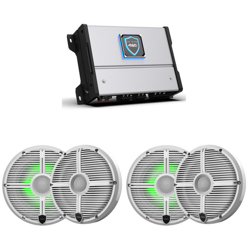 Wet Sounds HTM-4 - HTM Series Amplifier 600 Watt Full-Range Class-D 85x4 Watts RMS @4 OHM With 2 pairs Wet Sounds RECON 6 XW-W RGB LED Recon Series 6.5" 60-Watt RMS Coaxial Speakers With White XW Grilles (Pair)