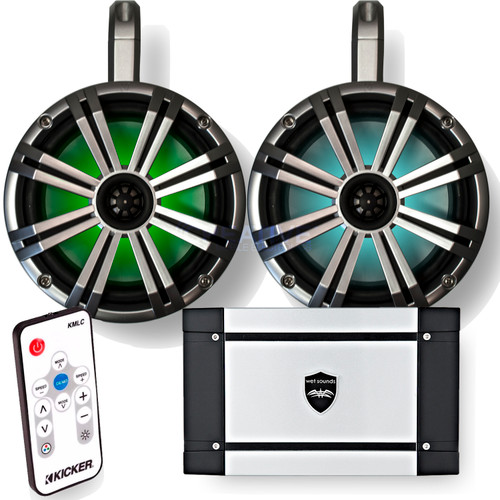 Kicker marine 8" LED Tower System - White Enclosures, Silver Speakers, Wet Sounds HT-4 Amplifier