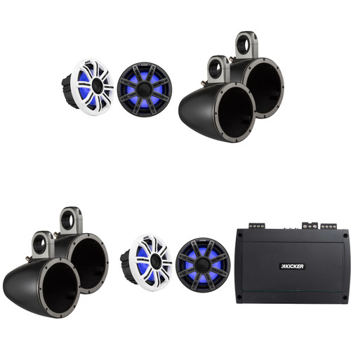 Kicker Premium Marine 8" 51MSC8 (2 Pair ) With 43KMTES8B (2 Pair) Black Enclosures Includes 48KXMA8004 Amp, UTV / Wake Boarding