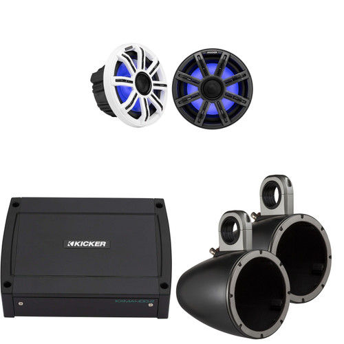 Kicker Premium Marine 8" 51MSC8 With 43KMTES8B Black Enclosures Includes 48KXMA4002 Amp, UTV / Wake Boarding