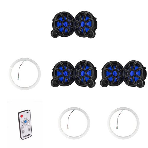 Kicker ( 3 Pair ) 51MSS84 8" Component LED Premium Marine Speakers & 47KLSR8 8-Inch LED Spacer Rings & LED Remote Bundle