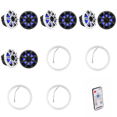 Kicker ( 4 Pair ) 51MSC8 8" LED Premium Marine Speakers & 47KLSR8 8-Inch LED Spacer Rings & LED Remote Bundle
