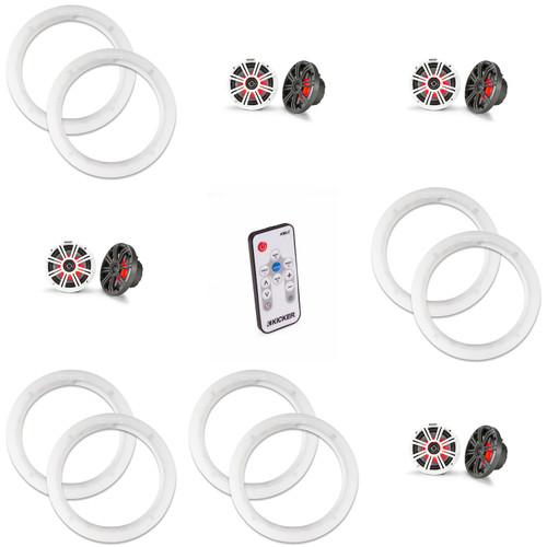 Kicker ( 4 Pair ) 45KM654L LED 6.5 Marine Coax with Charcoal and White Grills with a Pair of 50KLSR65 6.5 Led Speaker Ring & LED Remote Bundle