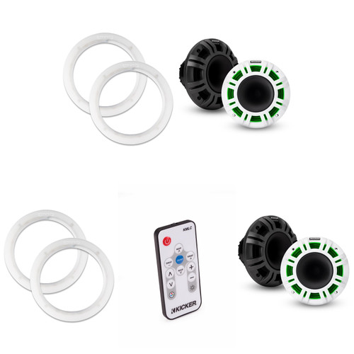 Kicker (2 Pair ) 48KMXL654 LED 6.5" Horn-Loaded Marine Coax with a Pair of 50KLSR65 6.5 Led Speaker Ring & LED Remote Bundle