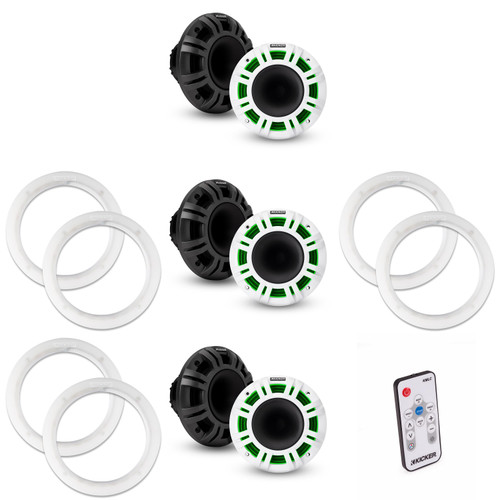 Kicker ( 3 Pair ) 48KMXL654 LED 6.5" Horn-Loaded Marine Coax with a Pair of 50KLSR65 6.5 Led Speaker Ring & LED Remote Bundle