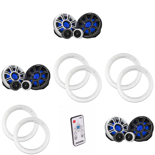 Kicker ( 3 Pair ) 51MSS65 LED 6.5" Premium Marine Component with a Pair of 50KLSR65 6.5 Led Speaker Ring & LED Remote Bundle