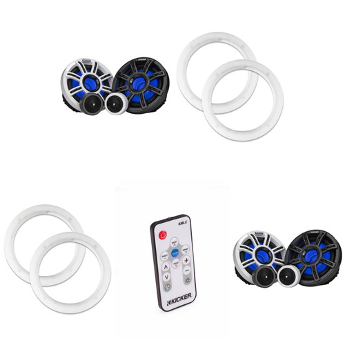 Kicker ( 2 Pair ) 51MSS65 LED 6.5" Premium Marine Component with a Pair of 50KLSR65 6.5 Led Speaker Ring & LED Remote Bundle