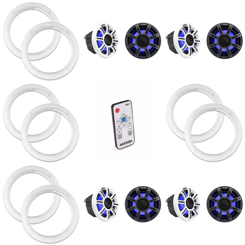 Kicker (4 Pair ) 51MSC65 LED 6.5" Premium Marine Coaxial with a Pair of 50KLSR65 6.5 Led Speaker Ring & LED Remote Bundle