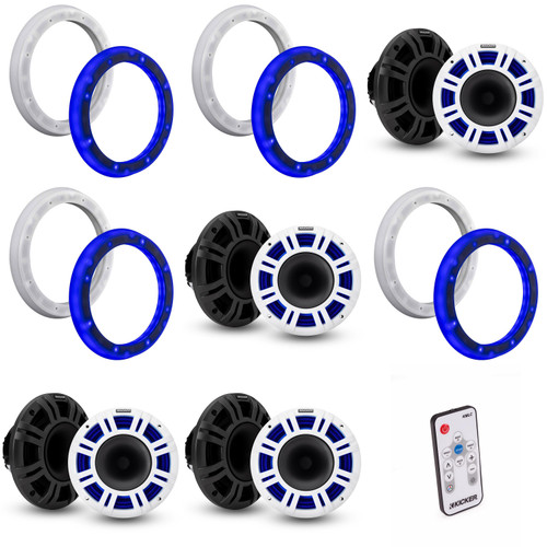Kicker (4 Pair ) 48KMXL84 8" LED Horn-Loaded Marine Speakers & 51KLSR88 - 8.8-Inch to 8-Inch LED Adapter Rings & LED Remote Bundle