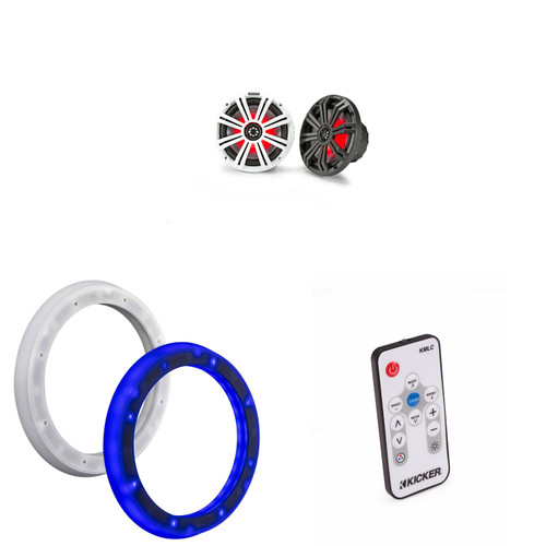 Kicker 45KM84L 8" LED Marine Speakers & 51KLSR88 - 8.8-Inch to 8-Inch LED Adapter Rings & LED Remote Bundle