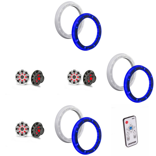 Kicker (3 Pair ) 45KM84L 8" LED Marine Speakers & 51KLSR88 - 8.8-Inch to 8-Inch LED Adapter Rings & LED Remote Bundle