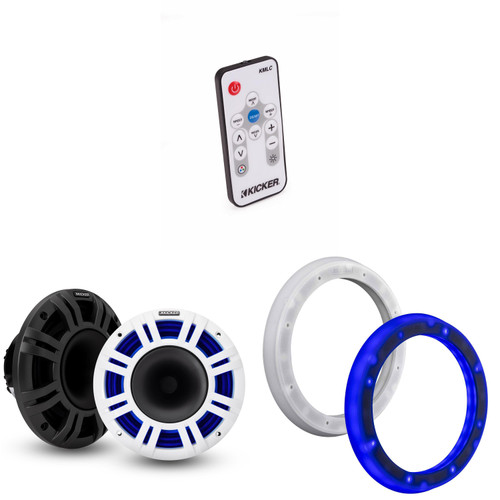 Kicker 48KMXL84 8" LED Horn-Loaded Marine Speakers & 51KLSR88 - 8.8-Inch to 8-Inch LED Adapter Rings & LED Remote Bundle