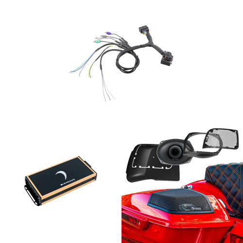 Diamond Audio MICRO82U 2 Ch Amplifier with MSTLINK T-Harness for '14-23 HD Factory Radios to Aftermarket Amplifiers and MSMP694LK '14-23 HD Cut In Speaker Lid Kit with MP694 Coaxial with Horn Tweeter
