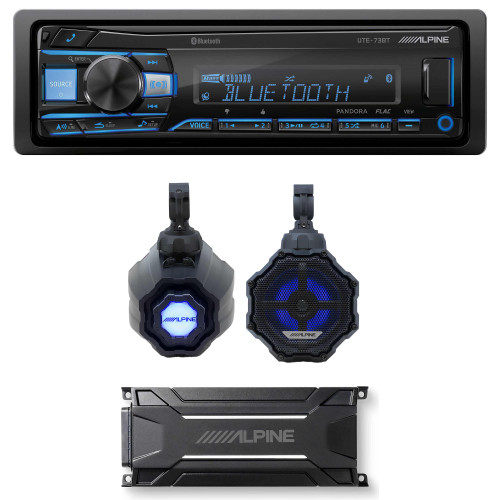 Alpine SPV-65RGB-CAN 6.5” Cage-Mounted Universal Weather-Resistant Coaxial RGB LED Speaker Pods with KTA-30FW Amp & UTE-73BT Source