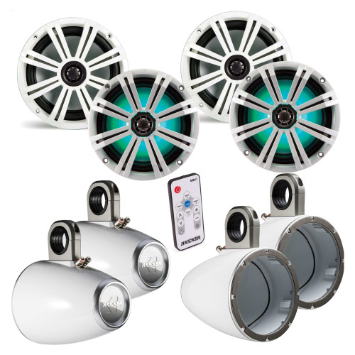 Kicker 8 Inch Marine Wake Tower Bundle 4 8" LED Speakers and Tower Enclosures in White - Includes KMTAP & LED Controller