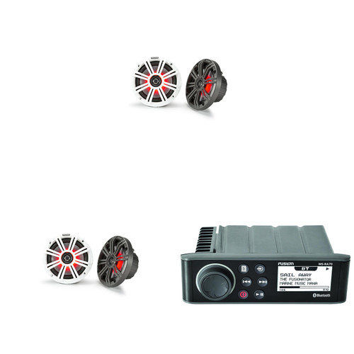 Fusion Entertainment MS-RA70 Marine Entertainment System with Bluetooth w/ ( 2 Pair ) KM65 6.5-Inch (165mm) Marine Coaxial Speakers with 3/4-Inch Tweeters, LED, 4-Ohm, Charcoal and White Grilles