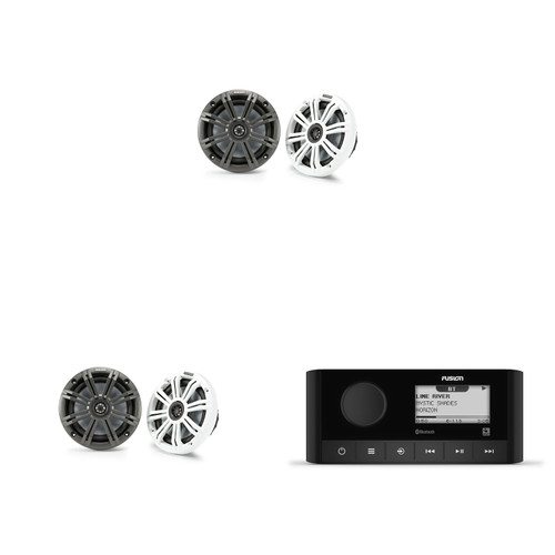 Fusion MS-RA60 Marine Stereo With Wireless Connectivity w/ ( 2 Pair ) KM65 6.5-Inch (165mm) Marine Coaxial Speakers with 3/4-Inch (20mm) Tweeters, 4-Ohm, Charcoal and White Grilles