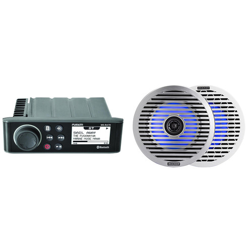 Fusion Entertainment MS-RA70 Marine Entertainment System with Bluetooth w/ 51KM614FL 6.5-Inch (165mm) Thin-Mount Marine Coaxial Speakers with RGB LED, 4-Ohm, White & Silver Grilles Included