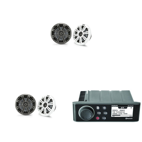 Fusion Entertainment MS-RA70 Marine Entertainment System with Bluetooth w/ ( 2 Pair ) KM65 6.5-Inch (165mm) Marine Coaxial Speakers with 3/4-Inch (20mm) Tweeters, 4-Ohm, Charcoal and White Grilles