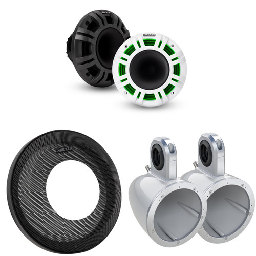 Kicker KMXL Horn-Loaded LED Powersports Speakers w/ Grilles & 12KMTESW White Tower Enclosures