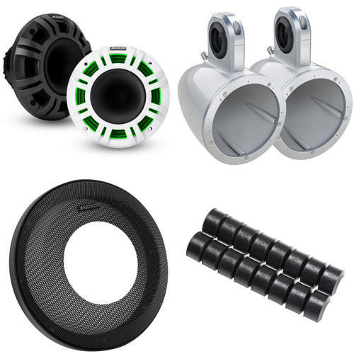 Kicker KMXL Horn-Loaded LED Powersports Speakers w/ Grilles & 12KMTESW White Tower Enclosures & UTV Cage Adapters