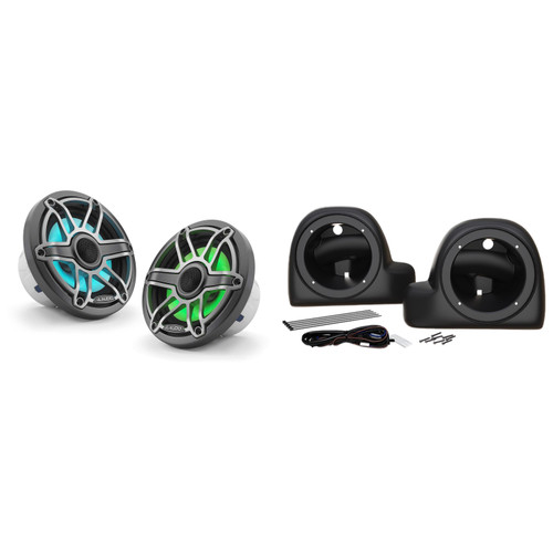JL Audio 6.5" M6 Sport Grill Titanium LED Speakers w/ Lower Fairing Speaker Pod Adaptors For 2014-Up Harley Davidson® Touring Model Motorcycles With OEM Or Aftermarket Air-Cooled Lowers
