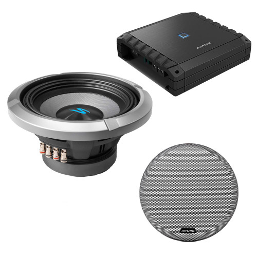 Alpine S2-A60M S-Series Class-D Amp, S2-W8D4 8" S-Series Dual 4-Ohm Car Sub & Grill