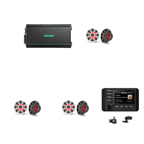 Kicker 51KMC4 Marine Source Unit & (3 Pair ) 45KM84L 8" RGB LED Marine Speakers with 48KMA6006 6 Ch. Marine Amp Bundle