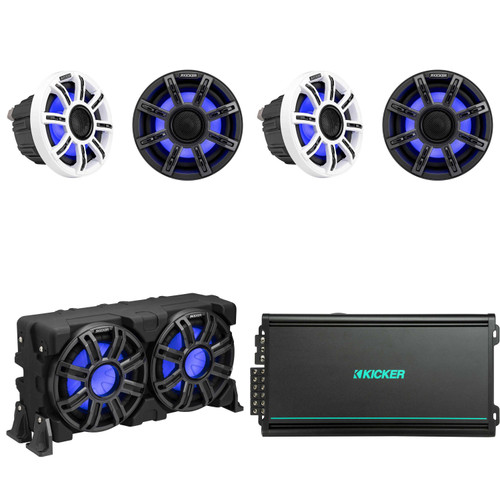 Kicker Pontoon - Tritoon Boat Premium Audio Upgrade, (4) 6.5" LED Marine Speakers, 10" Subwoofer Enclosure & KMA 6Ch. Marine Amplifier Bundle