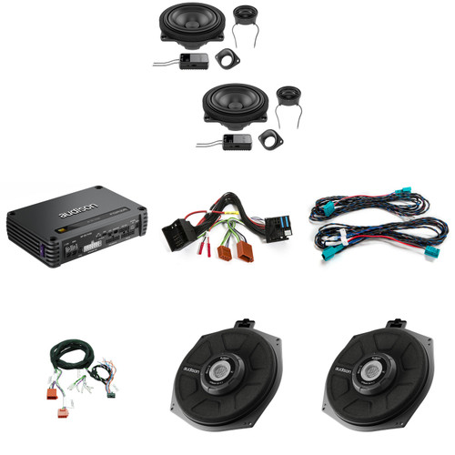 Audison BM-DSP-AF-06 DSP Amp with Replacement Front Speakers and Underseat Woofer and Plug-n-Play Integration Harnesses compatible with 14-18 BMW 3-Series F80 Base Audio system