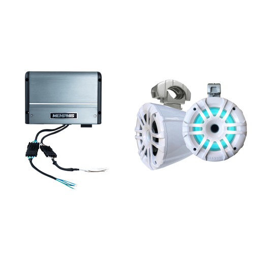 Memphis Audio MXA62TW White 6.5" LED Tower Speakers Including Clamps and MM500.4V Marine Amplifier Bundle