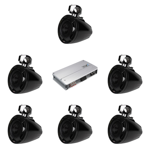 MTX Marine Audio (6) 8" Wake Tower Speaker and High Power Amplifier Bundle ( MA900.6, WET8CWB )