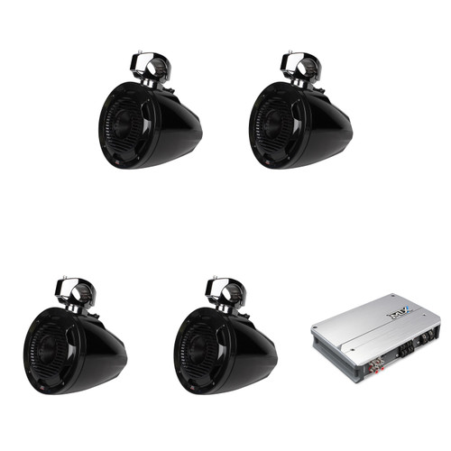 MTX Marine Audio (4) 8" Wake Tower Speaker and High Power Amplifier Bundle ( MA800.4, WET8CWB )