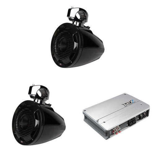 MTX Marine Audio (2) 8" Wake Tower Speaker and High Power Amplifier Bundle ( MA800.4, WET8CWB )