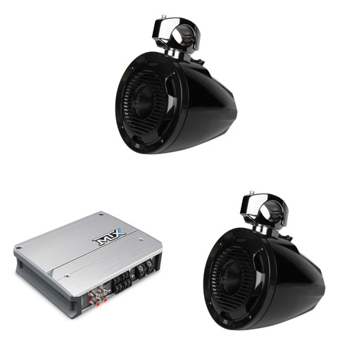 MTX Marine Audio (Pair) 8" Wake Tower Speaker and Amplifier Bundle ( MA400.4, WET8CWB )