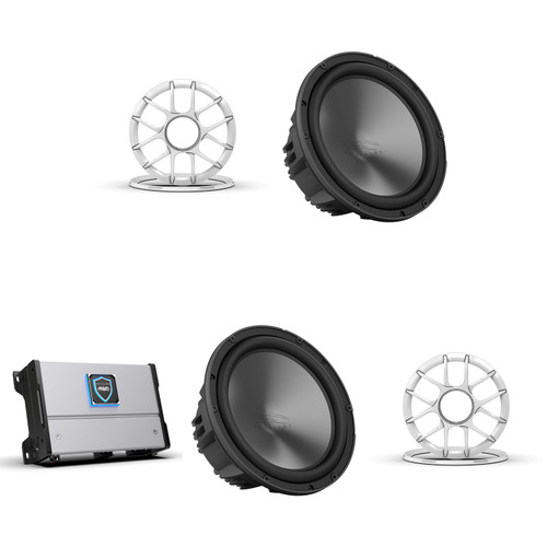 Wet Sounds HTM-1 - HTM Series Full-Range Class-D 1200 Watt at 1-Ohm Mono Amplifier with Two REVO 10 FA S4 V3 - REVO Series 10" Free Air 4 Ohm V3 Subwoofer, Black and Two REVO 10 ADP XZ-W Grille Kit 10” Revo Sub Grille Kit - XZ White (ea)