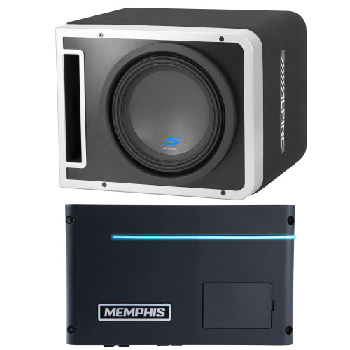 Memphis PRXA600.1 Power Reference Series Mono Subwoofer Amplifier and a Alpine S-SB10V Pre-Loaded S-Series 10-inch Subwoofer Enclosure