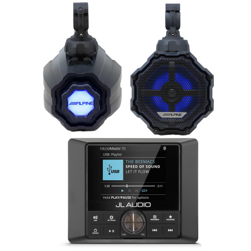 Alpine SPV-65RGB-CAN 6.5” Cage-Mounted Universal Weather-Resistant Coaxial RGB LED Speaker Pods w/ JL Audio MM55 Media Master Source