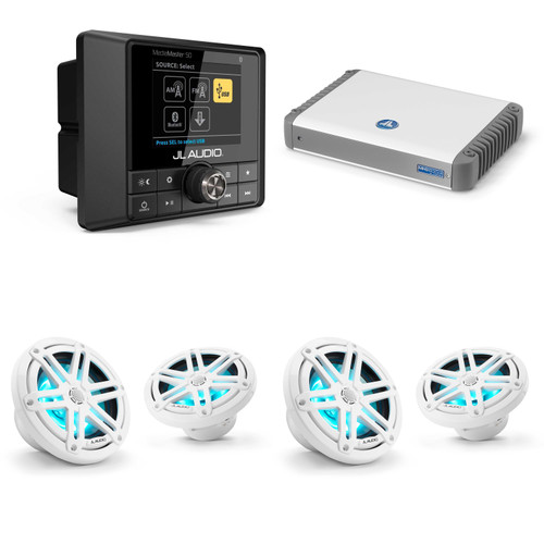 JL Audio MM50 & MHD600/4 w/ (2) M3-650X-S-Gw-i RGB LED 6.5 Sport Grill White Speakers