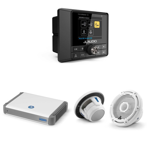 JL Audio MM50 & MHD600/4 w/ M6-650X-C-3Gw 6.5, Gloss White, White Tweeter, Classic Grille Speakers