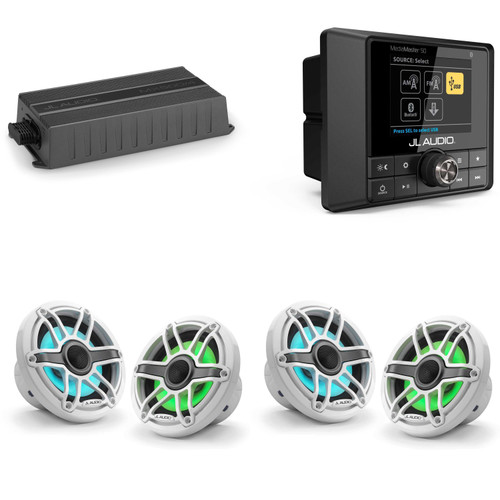 JL Audio MM50 & MX500/4 w/ (2) M6-650X-S-GwGw-i, RGB LED Gloss White, Sport Grille Speakers