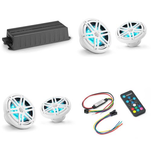JL Audio MX280/4 w/ (2) M3-650X-S-Gw-i RGB LED 6.5 Sport Grill White Speakers & LED Remote