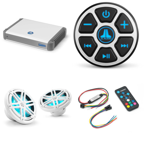 JL Audio MBT-CRXv2 & MHD600/4 w/ M3-770X-S-Gw-i RGB LED 7.7 Sport Grill White Speakers & LED Remote