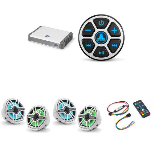 JL Audio MBT-CRXv2 & MHD600/4 w/ (2) M6-770X-S-GwGw-i, RGB LED Gloss White, Sport Grille Speakers & LED Controller