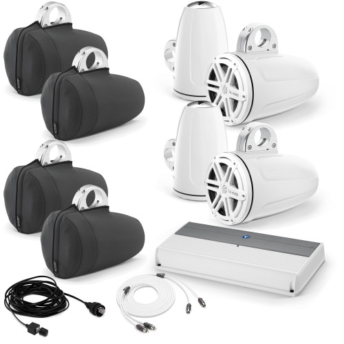 JL Audio Wake Tower Speaker Package - M800/8 Amp, 4 MX770-ETXv3-SG-WH 7.7" Tower Speakers + Covers, Wire Kit & Knob