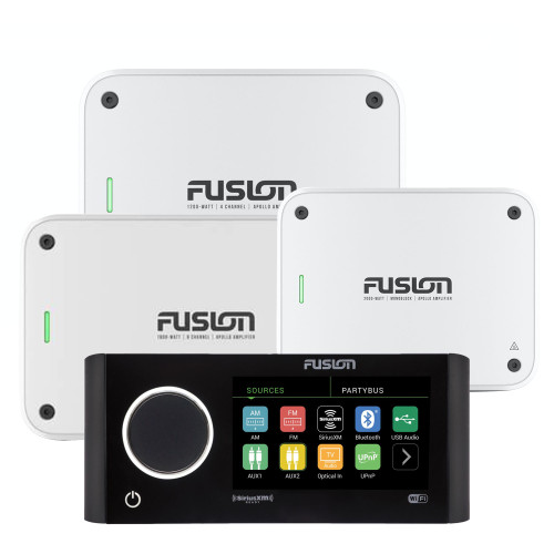 Fusion MS-RA770 Apollo Marine Entertainment System With Fusion MS-AP61800 Apollo 6 Channel, MS-AP41200 4 Channel, and MS-AP12000 Mono Amplifiers